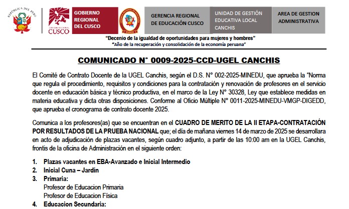 COMUNICADO N° 0009-2025- Contrato Docente de la UGEL Canchis